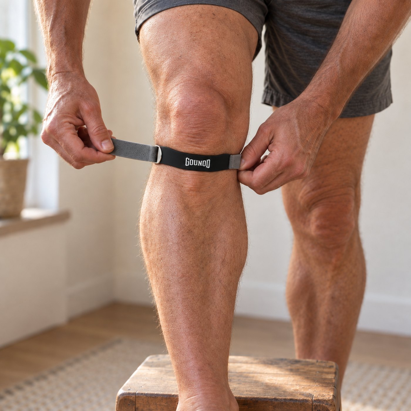 Fastening the knee strap: the grey tail pulled through the steel D-ring and set snug