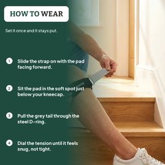 How to use: sit with your knee slightly bent, rest the pad just below your kneecap, wrap the strap round and fasten it snug, stand up and walk